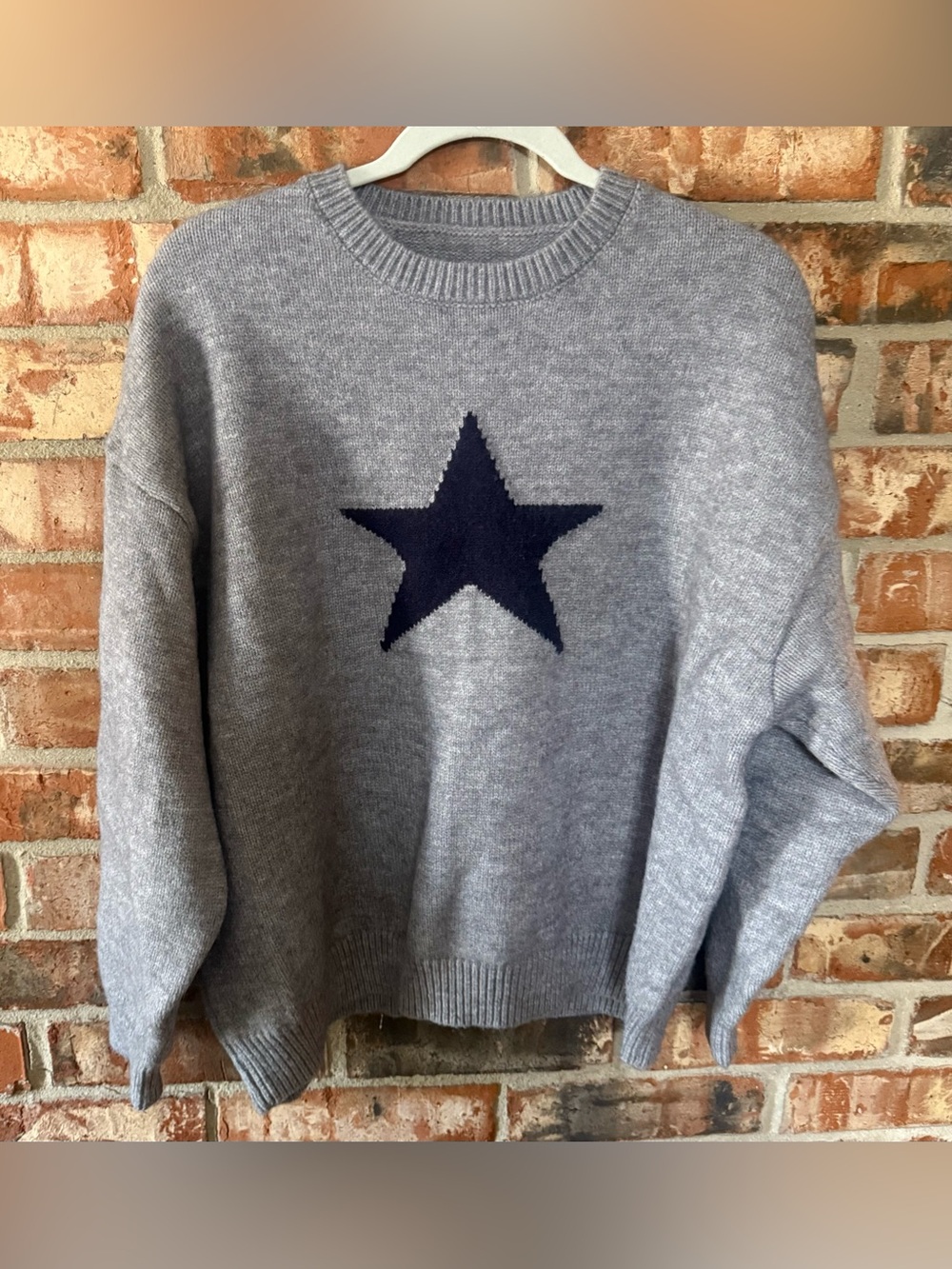 Gray Crewneck Sweater with Navy Star Accent
